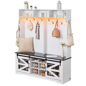 VEVOR Hall Tree Entryway Bench, LED Coat Rack with Shoe Storage, 59" Wide Mudroom bench with Storage and Seating, Adjustable Shelves and 12 Hanging Hooks, for Mudroom, Entryway, Hallway