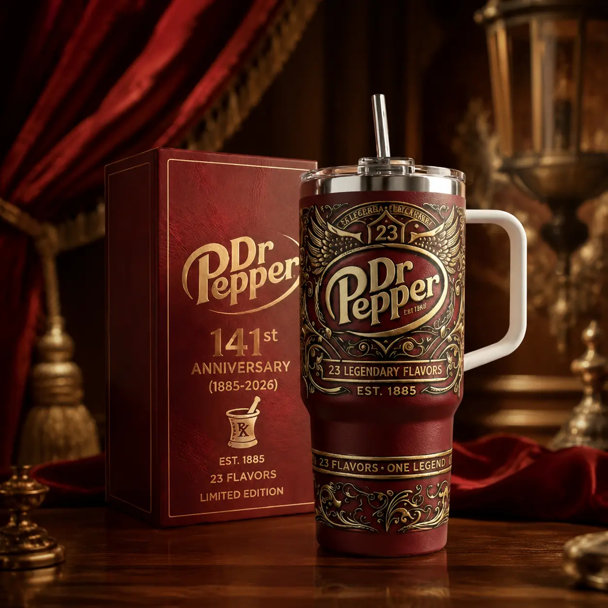 141st  Anniversary Tumbler 40oz With Handle & Straw, Limited Edition 1885-2026 Collector Cup, Retro Soda Fan Gift, Vintage Dr Pepper Drinkware, 23 Flavors Stainless Steel Travel Mug, Insulated Beverage Tumble