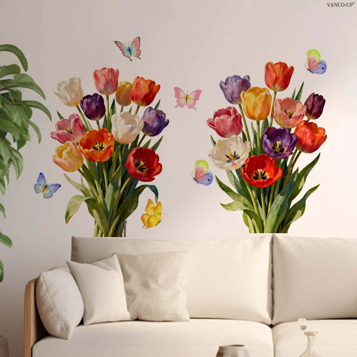 A set (30*45cm*2pcs) of colorful tulip and butterfly 2D flat wall stickers, Floral Pattern Sticker, home decoration self-adhesive wall stickers, Decorative Decal, Wall Art Stickers, Wall Stickers Decorations, M20406-KR
