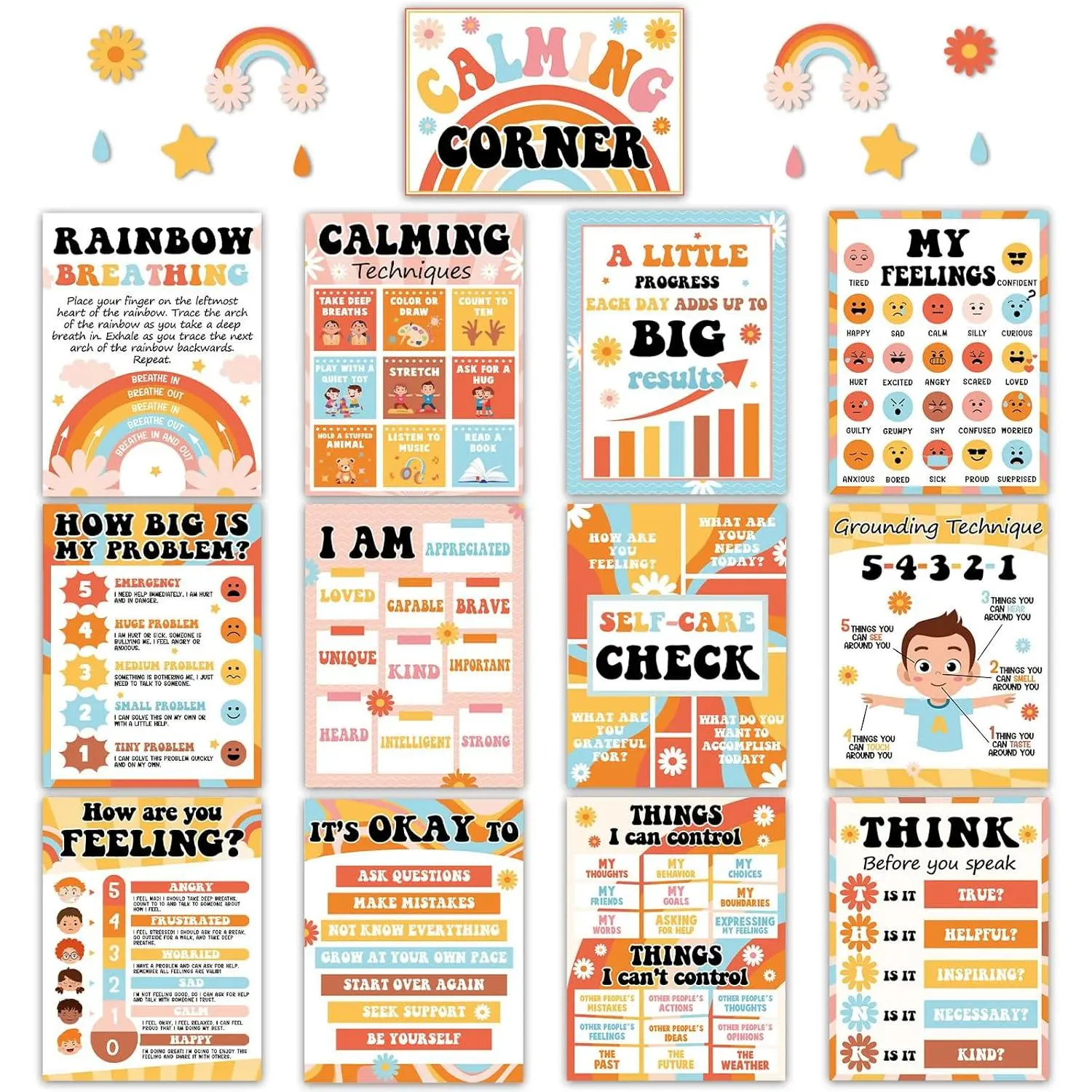 23 count Groovy Calming Corner Classroom Posters Calm Down Corner Emotion Feeling Management Posters Retro Educational Mental  Posters  to School Wall Bulletin Board Decor for School Office