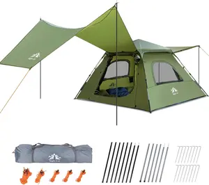 Night Cat 3-Person Instant Setup Cabin Tent, 2-in-1 Waterproof Polyester Rainproof Windproof Portable Tent with Canopy Tarp Porch, 83"x83"x55"H, for Family Camping (Sports & Outdoor), Rainproof Tent