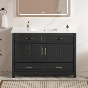 Bellemave 48" Black Modern Freestanding Bathroom Vanity with Ceramic Sink Combo - Floor Cabinet with 4 Soft-Close Doors, 4 Drawers and Abundant Storage