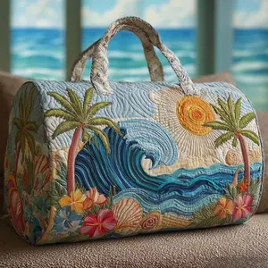 3D Printed Tropical Floral Quilted Duffle Bag, Coastal Beach Pattern Weekender Tote, Unisex Spacious Carryall Handbag, Lightweight Storage Bag Suitable For Daily Trips Gym And Outdoor Vacation