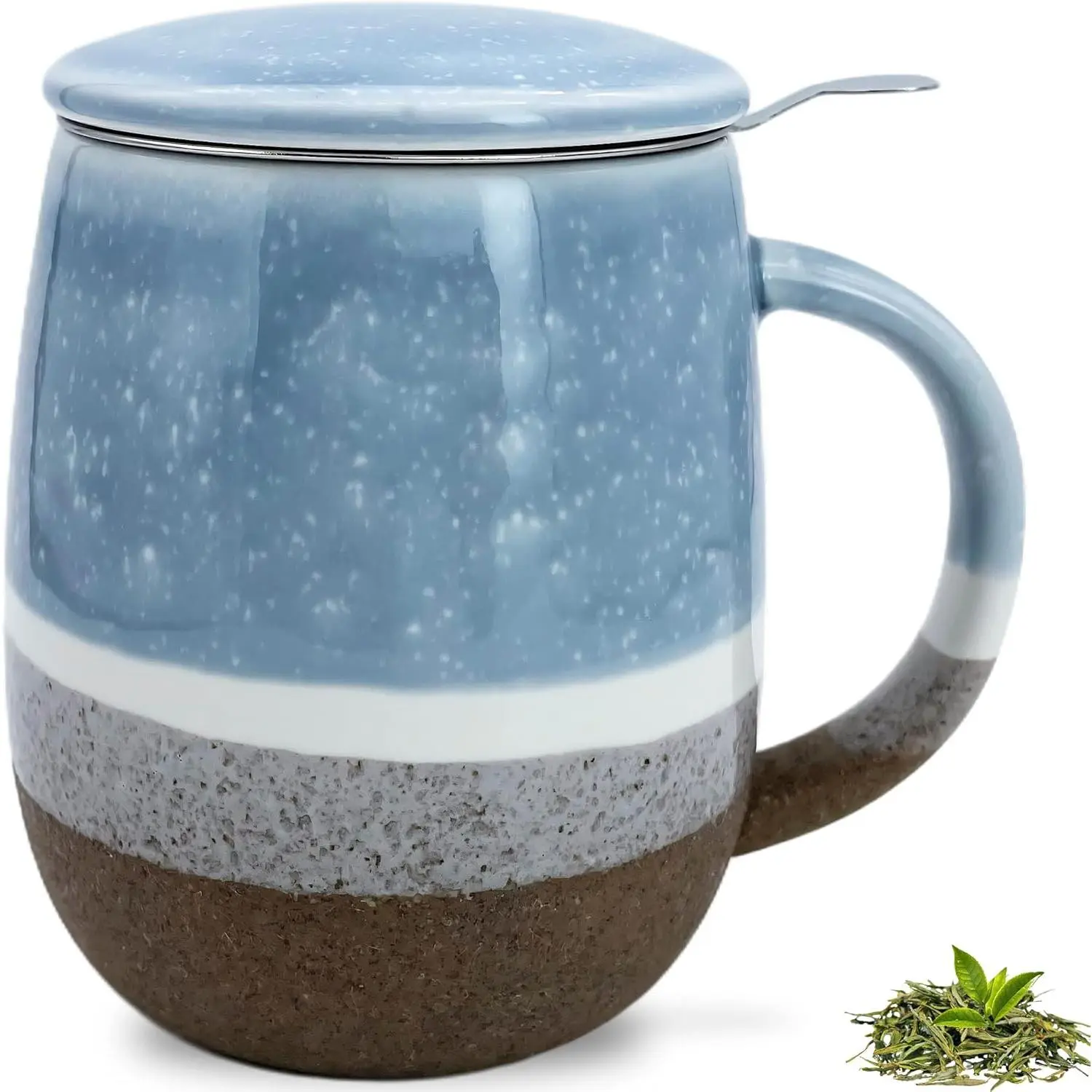 13.5 OZ Large Tea Cup with Infuser and Lid, Reactive Glaze Tea Infuser Mug, Ceramic Loose Leaf Teacup for Brewing, Microwave & Dishwasher Safe, Pale Blue