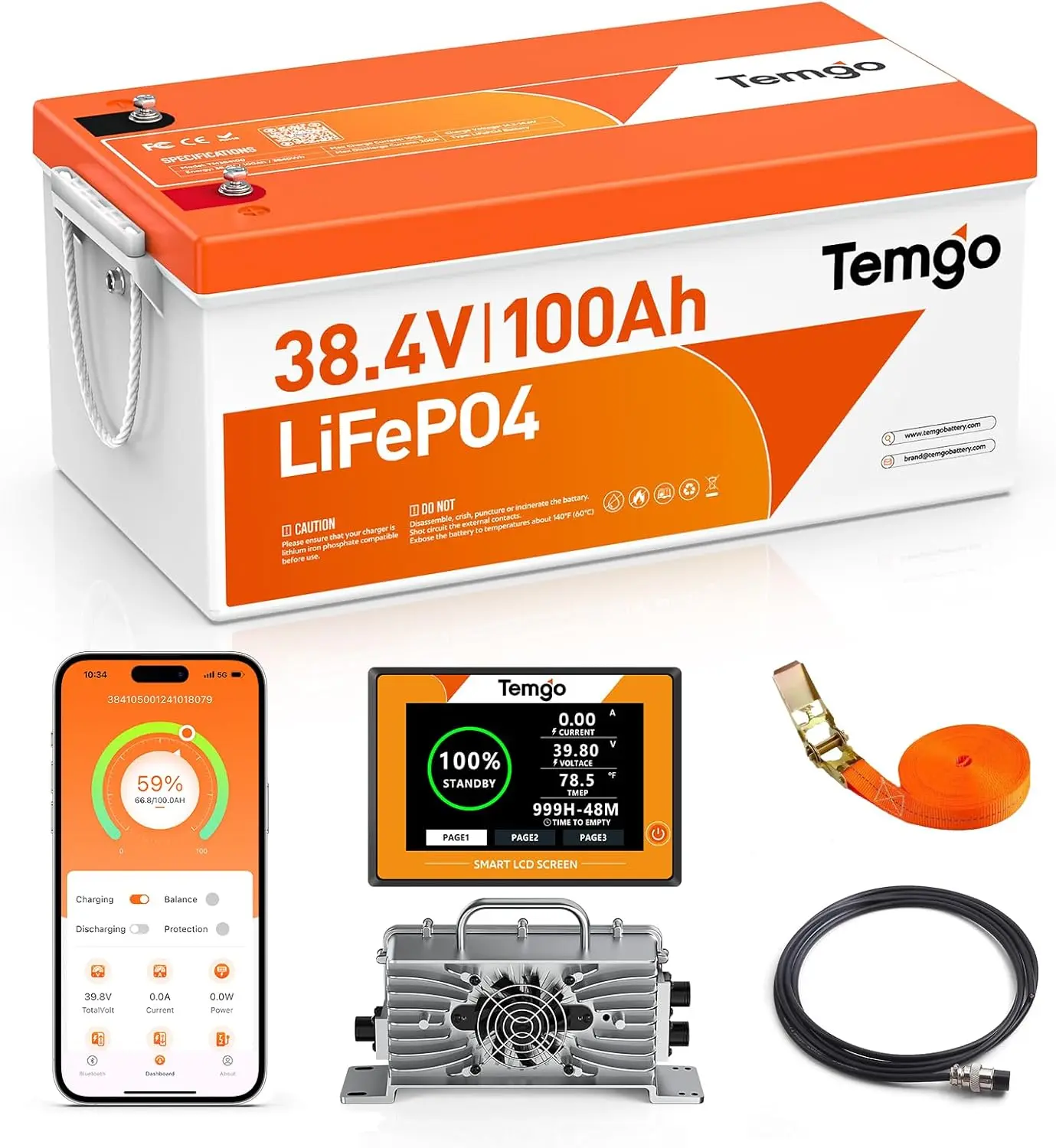 TEMGO 36V (38.4V) 100Ah LiFePO4 Lithium Golf Cart Battery, Complete Upgrade Kit with Charger, LCD Display & App, Built-in 200A BMS, Max 7.68kW Power Output (36V 100Ah)