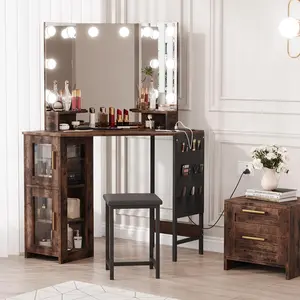 Corner Vanity Desk and Stool with LED Lighted Mirror, Charging Station & Cabinet for Bedroom