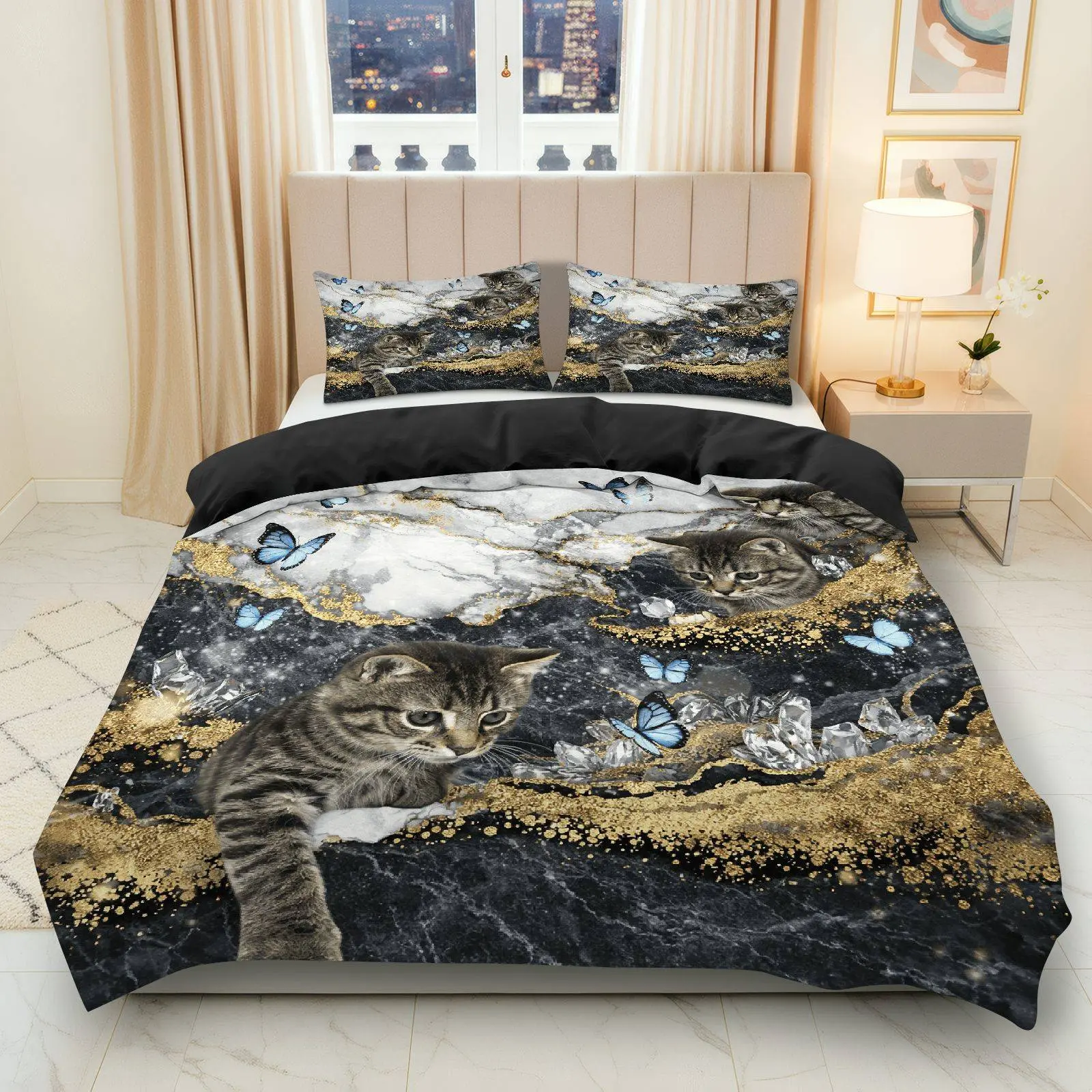 3PCS Duvet Cover Set, 1 Duvet+2 Pillowcases(Without filler), Cat Butterfly Marble Gold Glitter theme, Christmas bedding set, Luxury Stylish Bedroom Linens Suitable for decoration Bedroom Living Room Guest Room Hotel