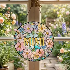Personalized Floral Stained Glass Suncatcher for Grandma/Mimi/Nana/Gigi, Birthday Gift, Mother's Day Gift, Wildflowers Window Hanging, Colorful Wildflowers Garden Suncatcher, Floral Glass Art, Gift for Mom