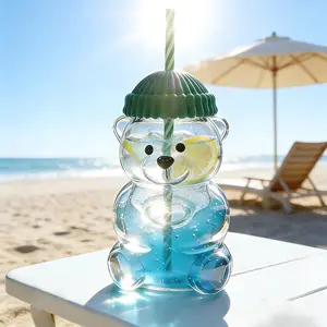Adorable Bear Glass Cup Bottle, 20 oz Capacity with Free Straw and Lid, Cute Drinkware for Iced Coffee, Lemonade, Smoothies & Juice, Reusable Glass Tumbler for Spring & Summer Drinks, Picnics & Daily Use