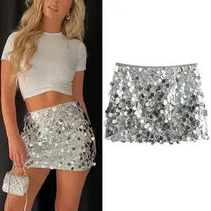Silver Sequin Skirt Woman High Waist Mini Skirt Woman Fashion Shiny Glitter Elegant Short Skirts For Women Y2k Skirts
