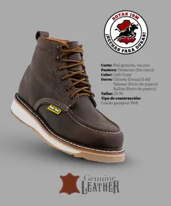 BOTAS DE TRABAJO CON AGUJETA MOC TOE 6" DOBLE DENSIDAD PIEL GENUINA / MEN'S WORK BOOTS MOC TOE SOFT TOE GOODYEAR WELT LACE UP GENUINE LEATHER CRAZY BROWN