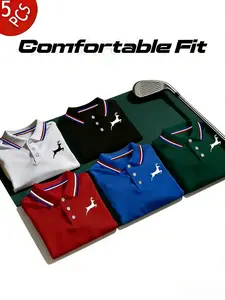 Men's Polo Shirt Set, Short Sleeve Casual Tee, Comfortable Fit, Fitted, Fashion Home Wear, Deer Print, Summer New, Breathable Daily/golf Shirts