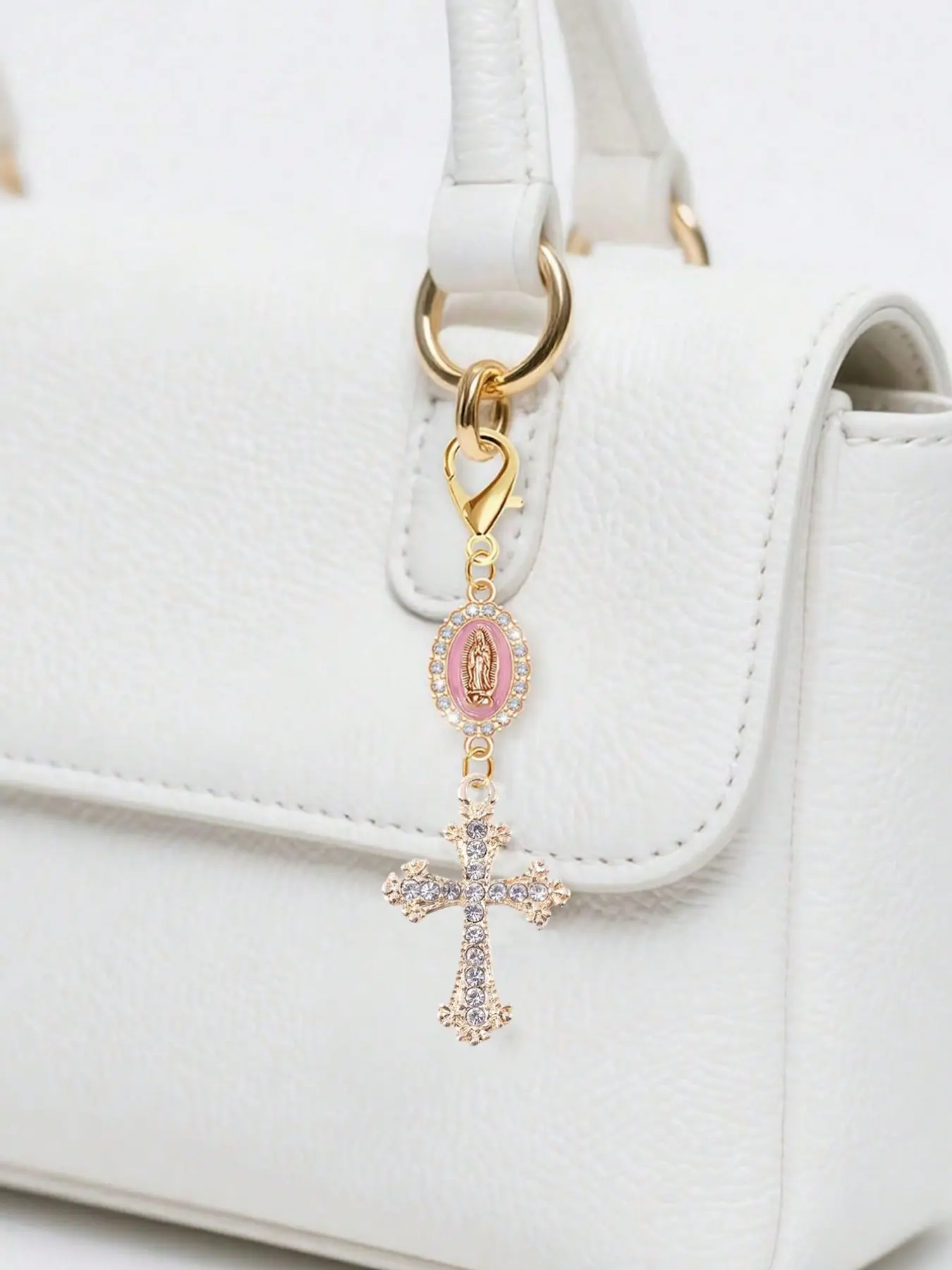 Christian charm keychain, adorned with a cross, pearls, and diamond charms -, cross pendant, decorative wallet, Purse Accessories and backpack accessory, decorative keychain with ring clasp, Fashion Bag Charms, Accessories For Bags, Backpack Decoration