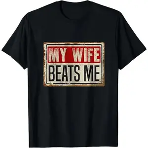 Cotton Short Sleeve T-Shirt Funny My Wife Beats Me Shirt, American Flag Husband and Wife Shirts, Husband Shirt for Men, Father's Day Gift, Menswear Classic Casual Fabric Golf Gift T-Shirt For Men and Women