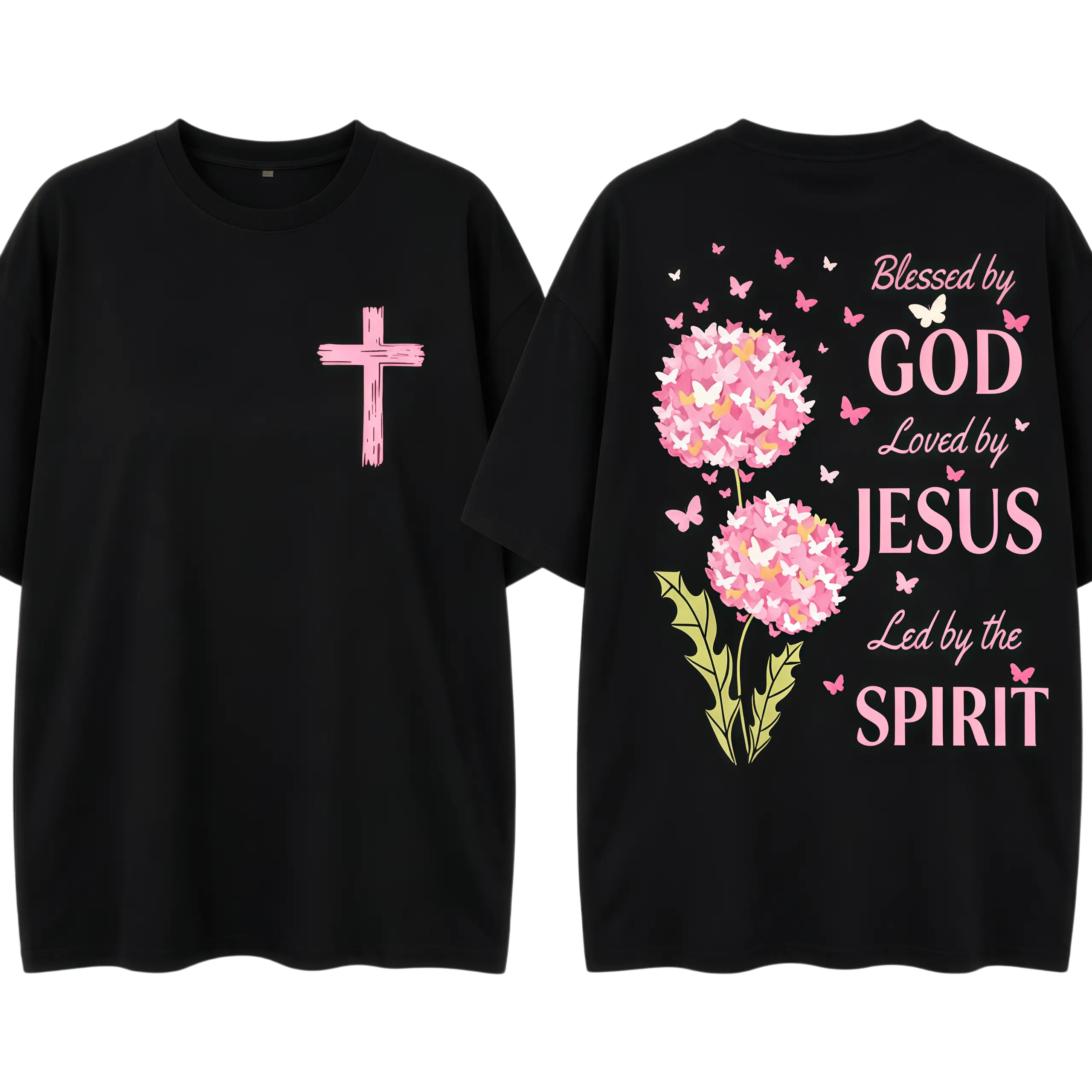 Women's Faith Graphic Crew Neck Tee - Unisex Soft Premium Breathable T-Shirt, Pink Cross Dandelion & Butterfly Blessed By God Print for Church, Spiritual Casual Wear