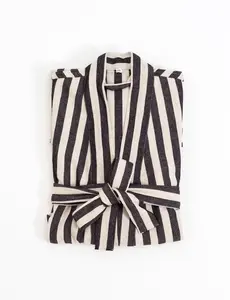 Women's Black Striped Loungewear Lightweight Bathrobe Boho Linen Cotton Robe - Gowns, Womenswear