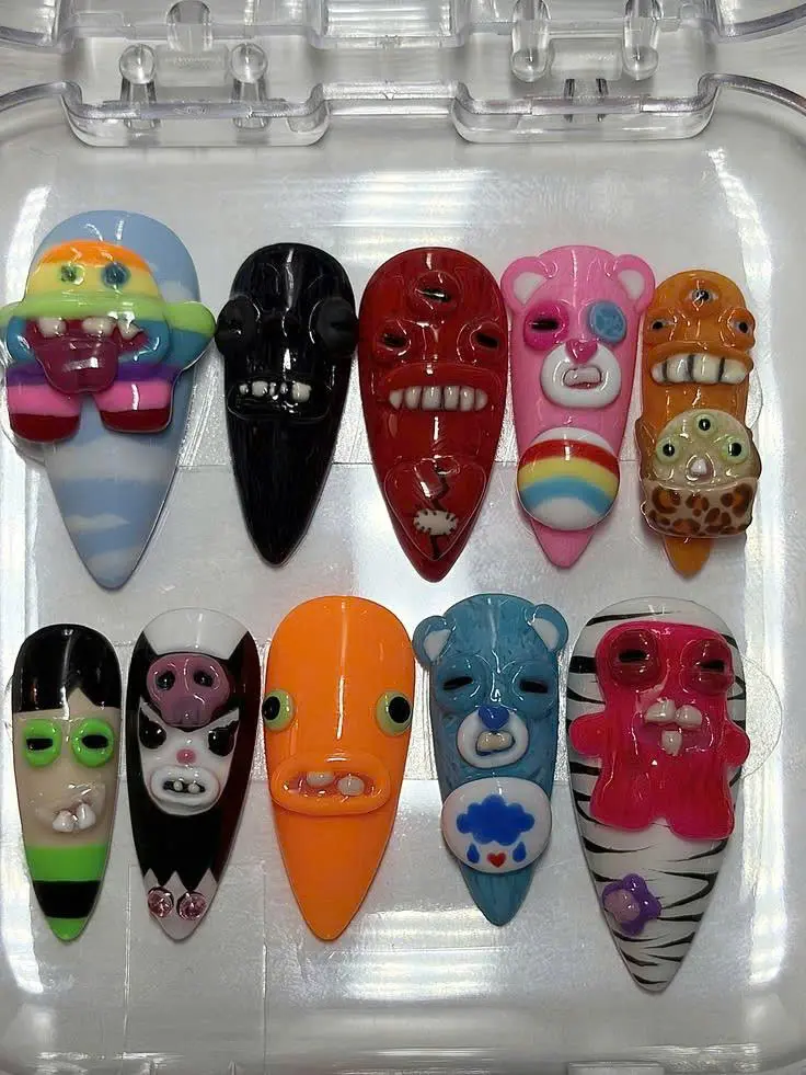 UFugglersure Inspired 3D Press On Nails, Cute Monster Cartoon False Nails, Colorful Kawaii Weirdcore Nail Art, Handmade 3D Gel Character Nails | Free Adhesive Tabs Nail File Cuticle Stick  Nail Kit