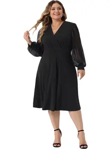 Agnes Orinda Plus Size Dresses for Women Long Sleeve Swiss Dots Wrap V Neck Formal Knee Length Dress