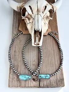 Western Turquoise Stone Pendant Navajo Pearl Choker Necklace