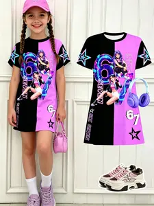 Cartoon Pattern Dress, Y2K Street Style Girls' Short Sleeve Long Dress, Loose Fit Hip-Hop Casual Dress, 6/7 Number Print, Summer Printed Dress, Round Neck Dress