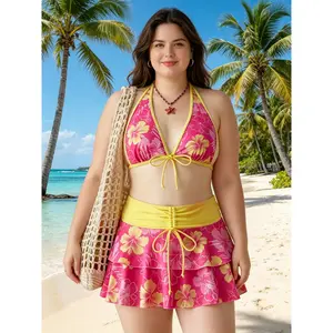 Hibiscus Print Halter Skirted Bikini Set, 3-Piece Swimwear with Drawstring Waist for Women