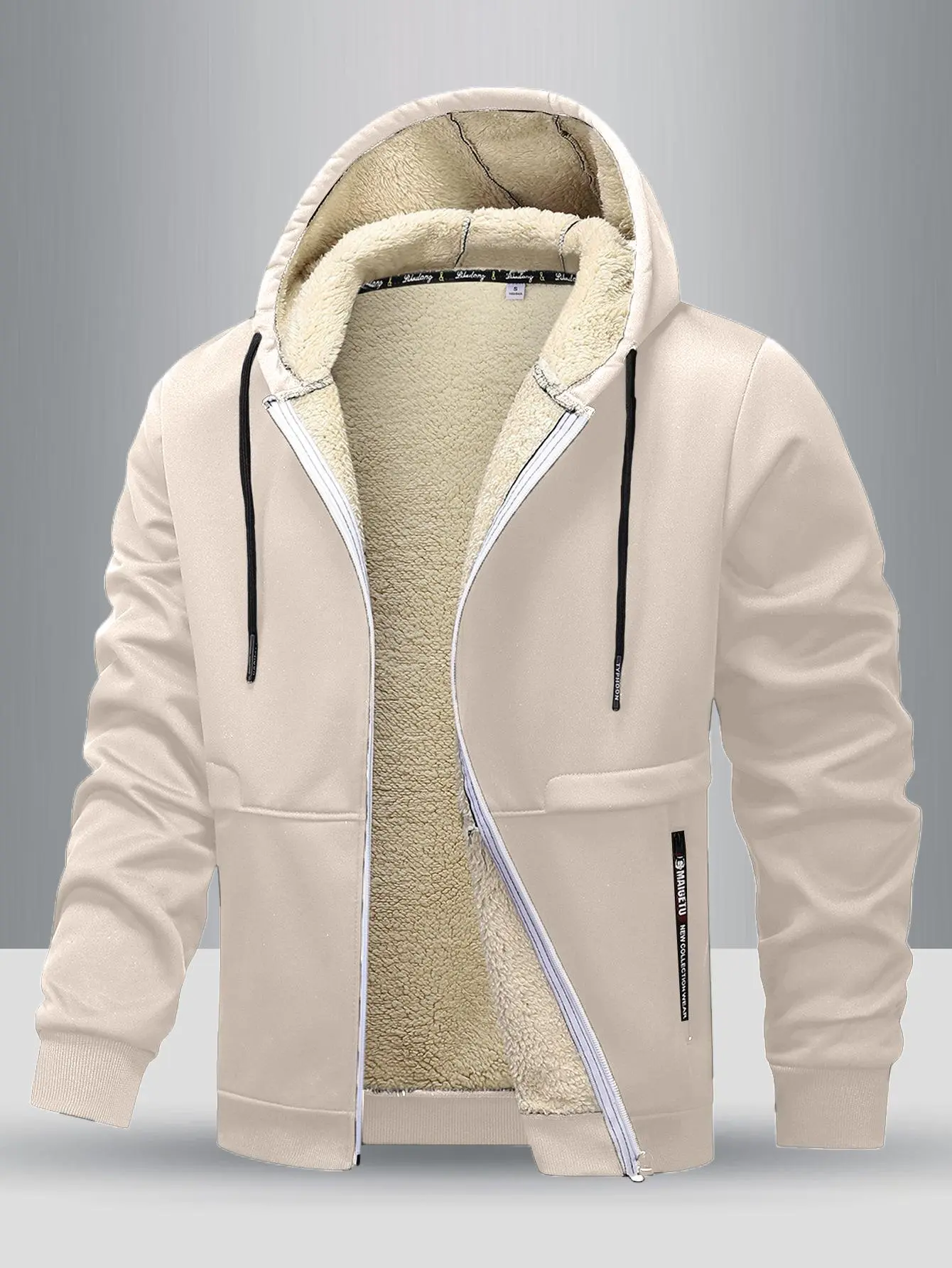 Men’s fleece-lined hooded jacket with drawstring and zipper closure, thick and warm casual outerwear