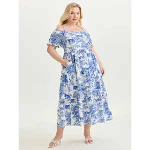 BloomChic Women's Plus Size Bohemian Forest Print Cold-Shoulder Short-Sleeve Flowy Maxi Dress - Smooth Polyester Garment, Lady's 2026 Summer Swimweek Outfit [M-6X]