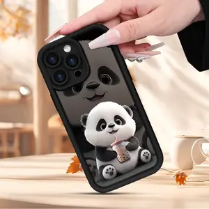 Cute Bubble Tea Panda Aesthetic Shockproof Phone Case, Minimal Black Kawaii Protective Cover Compatible with iPhone 17 16 15 14 13 12 11 Pro Max Plu