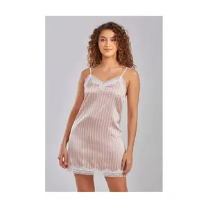 iCollection Satin Stripe Chemise Lounge Dressw/ Lace Trim
