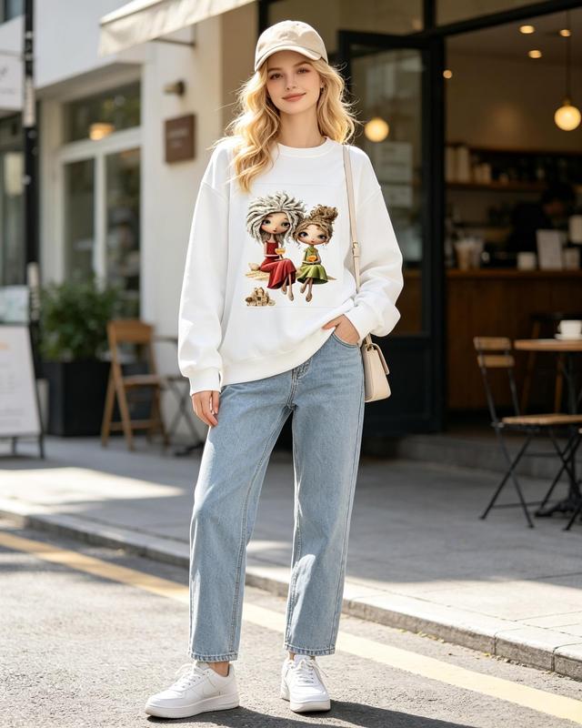 Women's Fitted Cut Long Sleeve Medium Length Hoodie Sweatshirt - 2 Doll Art Wine Graphic, Playful Vibe, Comfortable Casual Fall Crewneck Pullover Top, Sohochic