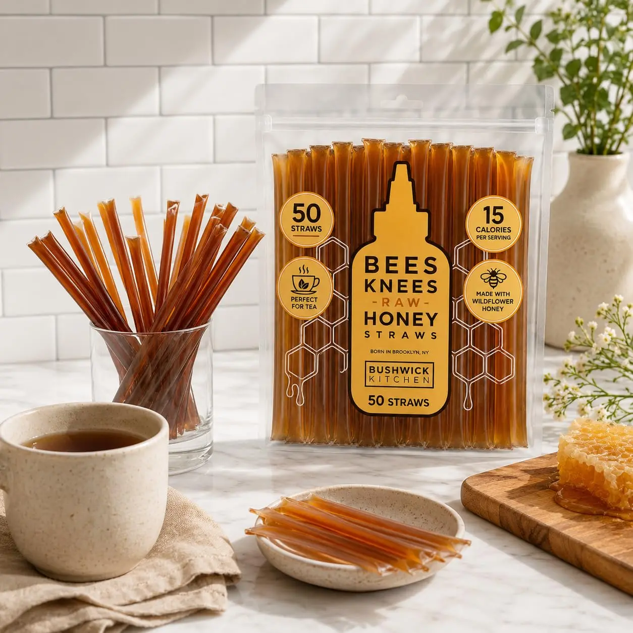 Bees Knees Raw Honey Sticks, 50 Count - Made with Wildflower Honey, Perfect for Tea, 15 Calories Per Serving - Unfiltered, Unprocessed, Undeniably Delicious, Bulk Single Serve Honey Straws Sweet