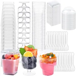 340 Pack Plastic Dessert Cups with Lids and Spoons,5 OZ Mini Clear Parfait Cup Appetizer Cups with Spoons, Square Dessert Shooter Cups Round Goblet for Pudding,Cake,Fruit Ice Cream (Set A)