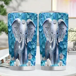 1pc Elephant Design 20oz Insulated Stainless Steel Tumbler - Leakproof Travel Mug with Indian/Thai/Arabian Style Turquoise Blue & White Elephant Pattern, Double-Wall Insulated Bottle for Hot/Cold Drinks, Gift for /Men, Gym, Office, Home