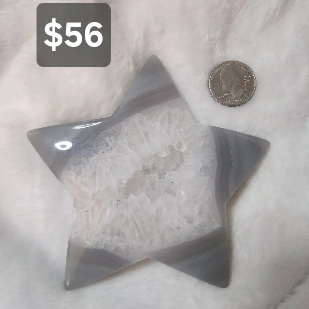 #6 Natural Gray Banded Agate Star with Druzy Center / Natural Crystal / Home Decor / Carving