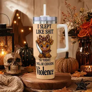 40oz Highland Cow Insulated Vacuum Flask - Double Wall Insulated Travel Coffee Mug, Funny "I Slept Like Shit Today I Choose Violence" Cup for Poor Sleepers, Mother's Day Gift, Flasks