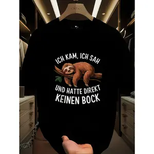 Fashion Graphic Lazy Sloth German Quote T-Shirt, "Ich Bin Nicht Faul, Nur Im Energiesparmodus" Print Outfit, Black Casual Unisex Short Sleeve Tee, Comfort Daily Fashion Top, Perfect Gift For Him Her Animal Lovers Holiday Present