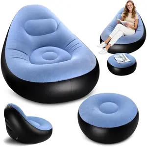 Portable Folding Inflatable Lounge Chair for Adults, Blow Up Couch with Foot Stool, Lazy Flocking Recliner Air Sofa for Indoor Outdoor Travel Camping, No Pump, Light Blue