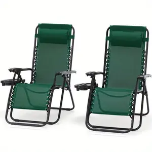 Patio Zero Gravity Folding Recliner Chairs Set of 2, Outdoor Lounge Chairs with Cup Holder and Detachable Headrest, for Camping, Lawn, and Garden, Green