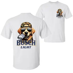 Busch Light Camo Cap Golden Retriever Sunglasses Double‑Sided Graphic T‑Shirt – Short-Sleeve Round Neck Water- Casual Top, All Seasons Streetwear Menswear, Adult Drip Clothing