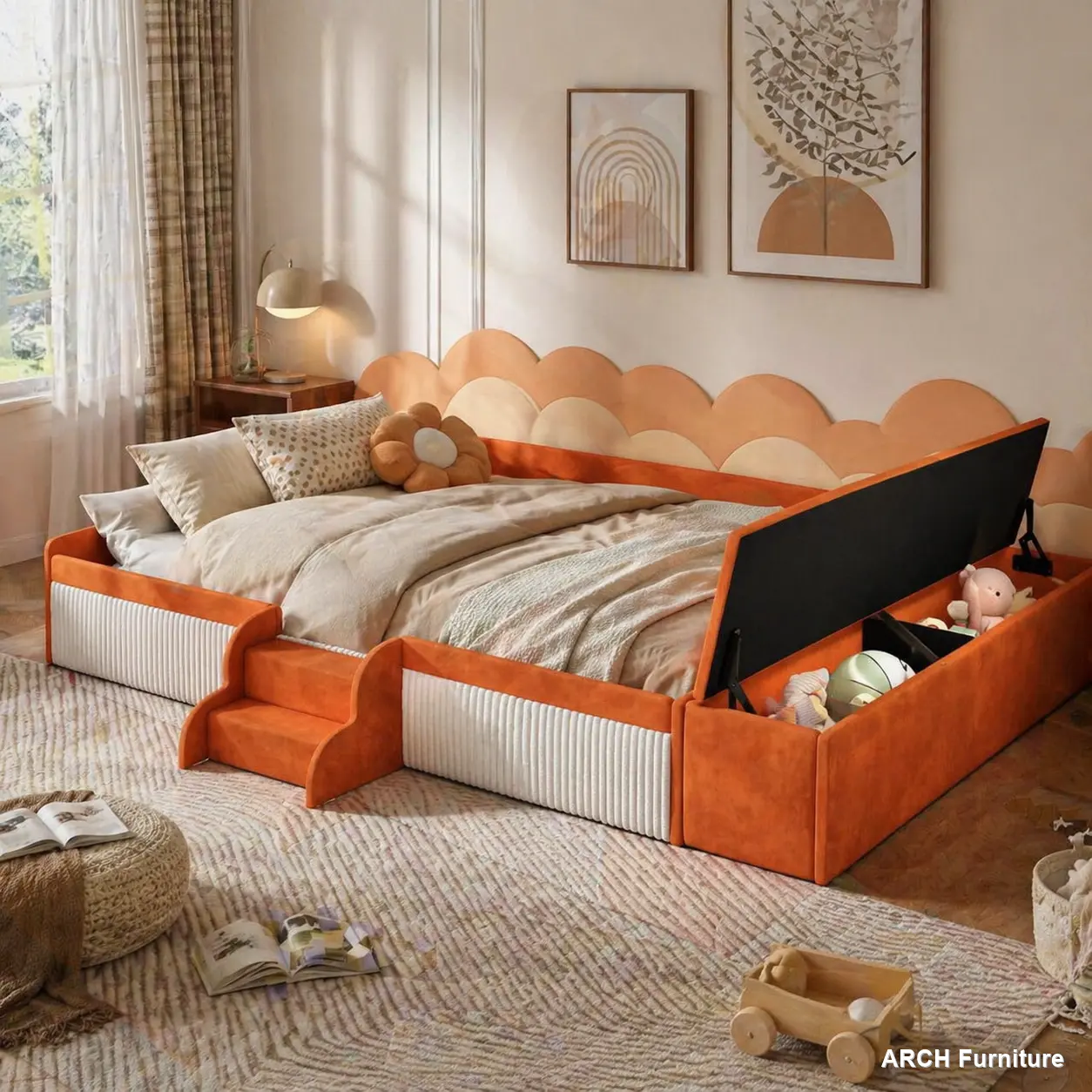 Queen Size Velvet Upholstered Arch Daybed for Playroom - Elevated Bed Frame (92.3"l x 73.2"w x 15"h), Stairs, 600lbs Capacity, Integrated Storage Gas Lift Ottoman, Vibrant Contrast Colors, Padded Guardrails, 119.41 lbs, Assembly Required, Brown-White