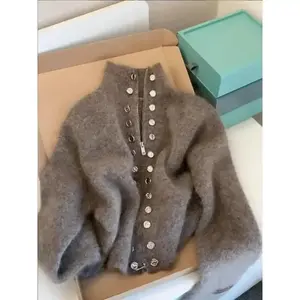 Luxury Fluffy Knitted Cardigan Sweater Design Double Breasted Sweater Coat Women Autumn High-end Lazy Zipper 2000s Y2k Knit Top(Sheets)