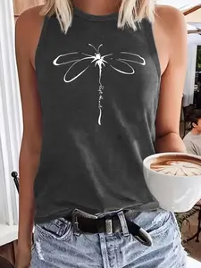 Women's Dragonfly Animal Print Round Neck Tank Top, Casual Sleeveless Top for Summer, Ladies Clothes for Daily Wear, Socks