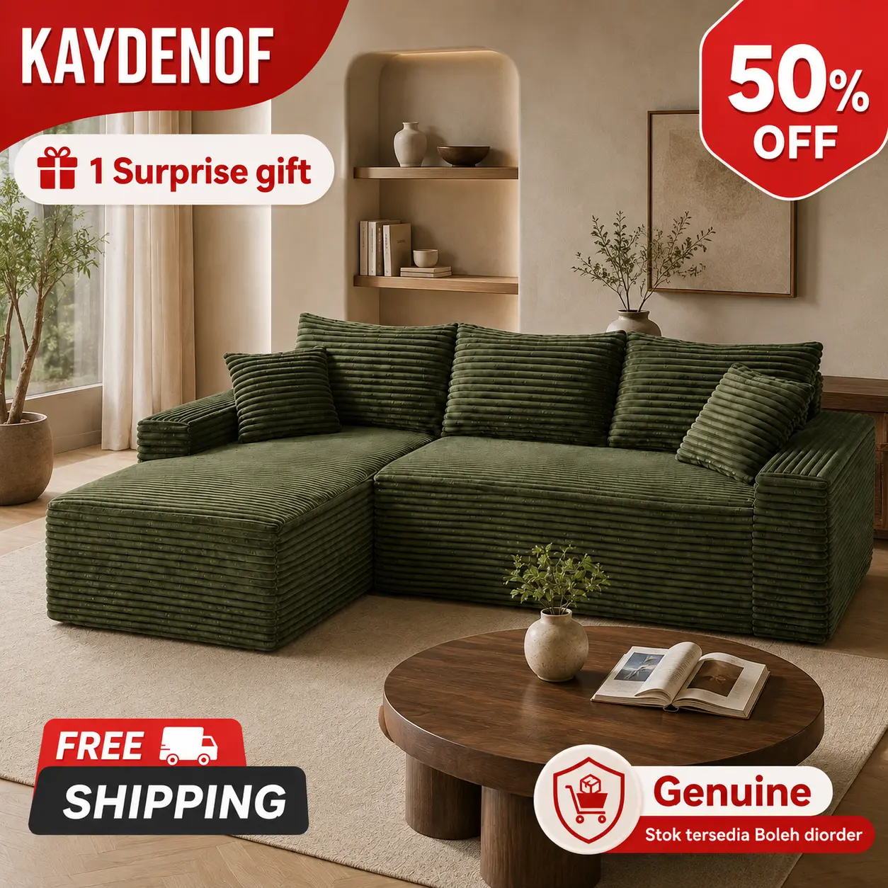 KAYDENOF Vacuum Compressed L Shaped Couch, Olive Green Corduroy Boneless Cloud Sofa with Left Chaise, Deep Seat, No Assembly Required