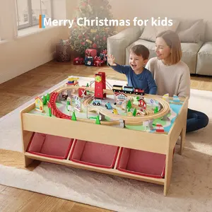 2-in-1 Wooden Train & Reading Table Set, 92 Piece with 3 Storage Bins, Railway Tracks, City Theme Accessories, Multi-Purpose Toddler Activity Table for Boys & Girls Ages 3+