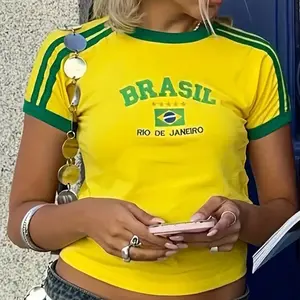 Brazil Letter Print Cropped Crewneck Tshirt