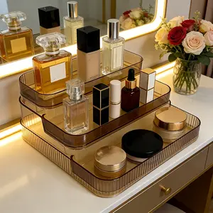 Transparent plastic cosmetic organizer with multiple compartments - Countertop storage, suitable for perfumes, skincare products, and makeup