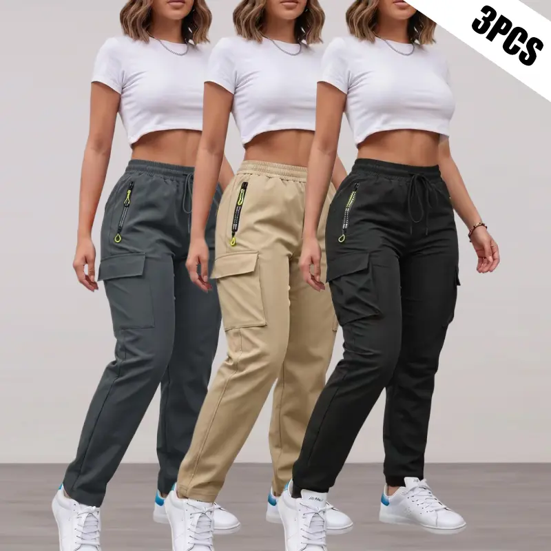Clean Gent women’s 3-piece cargo pants set, lightweight and soft fabric, casual loose long pants featuring a drawstring and decorative zipper design, multiple pockets, and an adjustable waistband.