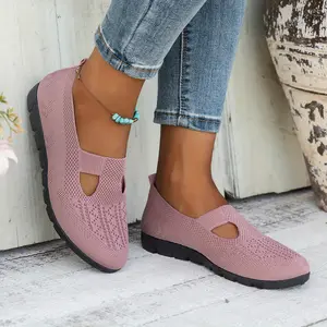 Women's Lightweight Hollow Out Slip-On Sneakers – Breathable Knit, Non-Slip Sole, Comfortable Mother Shoes for Home & Shopping