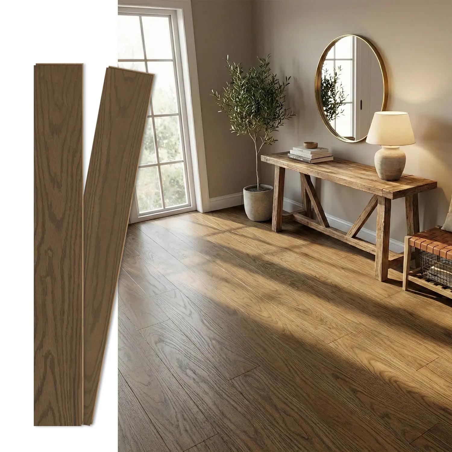 Jeedeson Brown Multi-ply Engineered Hardwood Flooring, Tongue and Groove, Waterproof 0.59x47.64" Size, 6.5 in. W Smooth Wood Floor, 10-pack (Covers 21.5 sq. ft.), Bedrooms