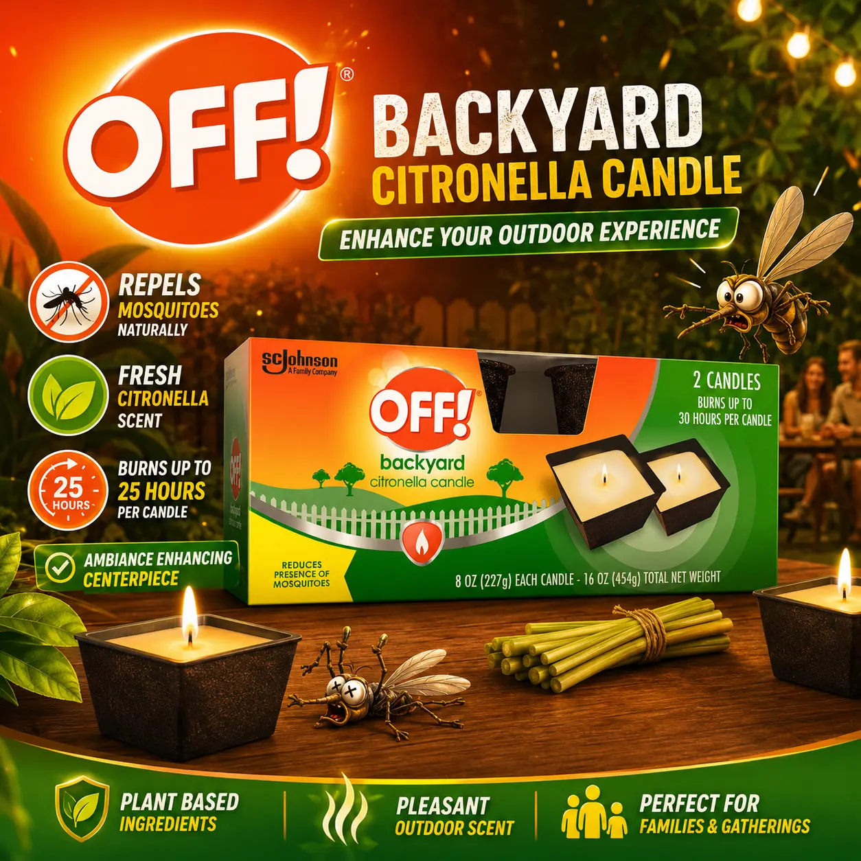 OFF! Backyard Citronella Scented Candle, Ambiance Enhancing Centerpiece, Burns for up to 25 Hours, 8 oz (Pack of 2)